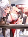  1girl ass azur_lane bangs bare_shoulders bent_over between_breasts blush book breasts brown_hair cleavage closed_mouth detached_sleeves dress eyebrows_visible_through_hair hair_ornament hand_on_own_cheek hand_on_own_face head_rest hermione_(azur_lane) hermione_(pristine_herbalist)_(azur_lane) highres large_breasts leaning_forward long_hair long_sleeves looking_down melopun mirror official_alternate_costume reading solo sunlight table thighhighs thighs white_hair white_legwear 