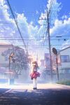  1girl bag blue_sky blush brown_hair building cloud cloudy_sky collaboration crosswalk day from_behind full_body hair_ribbon highres hinoue_itaru key_visual kneehighs lamppost loafers long_hair looking_at_viewer looking_back mocha_(cotton) nagamori_mizuka official_art one_-_kagayaku_kisetsu_e orange_eyes outdoors pavement power_lines promotional_art ribbon road road_sign scenery school_bag shoes sidewalk sign skirt sky smile solo street sweater traffic_light tree 