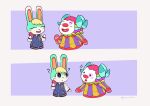  ambiguous_gender animal_crossing anthro biped blush bovid caprine clown clown_makeup clown_nose confusion duo eye_contact hi_res horn lagomorph leporid looking_at_another mammal nintendo phone pietro_(animal_crossing) question_mark r1zmy rabbit sasha_(animal_crossing) sheep signature simple_background simple_nose smile video_games 