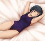  1girl amano_hina_(tenki_no_ko) armpits arms_up bed_sheet black_hair blue_eyes blue_swimsuit blush breasts closed_mouth collarbone competition_swimsuit jewelry long_hair looking_at_viewer lying medium_breasts on_back one-piece_swimsuit pendant pillow shiny shiny_hair solo swimsuit tenki_no_ko yyi 