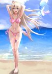  1girl absurdres arms_behind_head barefoot beach bikini blonde_hair blue_sky breasts cameltoe cloud code_geass:_boukoku_no_akito commentary_request commission day full_body hat hat_removed headwear_removed highres large_breasts leila_malcal long_hair looking_at_viewer navel ontake2009 outdoors pink_bikini purple_eyes side-tie_bikini sky solo standing sun_hat swimsuit thigh_gap very_long_hair white_headwear 