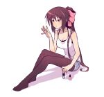  1girl bare_shoulders black_hair bow breasts cleavage commentary english_commentary hair_bow highres long_hair medium_breasts nifffi no_shoes noihara_himari omamori_himari pantyhose ponytail purple_eyes shirt short_shorts shorts sitting solo very_long_hair white_shirt 