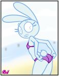  anthro bikini bonbon_(roommates) border buckteeth clothed clothing digital_media_(artwork) female five_nights_at_freddy&#039;s five_nights_at_freddy&#039;s_2 fourball fur hi_res lagomorph leporid looking_at_viewer mammal outside rabbit roommates:motha scottgames solo swimwear teeth toy_bonnie_(fnaf) video_games white_border 