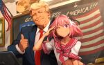  2boys absurdres american_flag ascot astolfo_(fate) astolfo_(sailor_paladin)_(fate) bangs black_bow blonde_hair blue_shirt bow collarbone commentary commission donald_trump double_thumbs_up english_commentary fate/apocrypha fate/grand_order fate_(series) hair_between_eyes hair_bow hair_intakes highres khyle. long_sleeves looking_at_viewer mature_male medium_hair multiple_boys necktie otoko_no_ko pink_ascot pink_hair pole purple_eyes real_life red_necktie salute shirt short_sleeves sidelocks star_(symbol) thumbs_up 