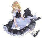  1girl absurdres apron blonde_hair braid closed_eyes hat hat_removed headwear_removed highres kirisame_marisa long_hair natsume_(menthol) puffy_sleeves shoes short_sleeves simple_background single_braid sitting skirt sleeping socks solo touhou waist_apron white_background white_legwear witch_hat 