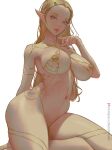  1girl areola_slip areolae blonde_hair blue_eyes braid breasts ignite_(artist) large_breasts long_hair looking_at_viewer navel patreon_username pointy_ears princess_zelda simple_background sitting solo the_legend_of_zelda the_legend_of_zelda:_breath_of_the_wild thighhighs thighs white_background white_legwear 