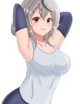  1girl armpits arms_up bangs blue_shirt braid breasts collarbone curvy detached_sleeves eyebrows_visible_through_hair grey_hair grin hair_between_eyes highres hololive large_breasts looking_at_viewer multicolored_hair red_eyes sakamata_chloe shiny shiny_hair shirt short_hair simple_background smile streaked_hair sweat tank_top teeth unknown_guy unknownguy14 virtual_youtuber white_background 
