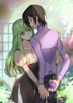 1boy 1girl arm_behind_back black_hair black_pants black_skirt blurry blurry_background box braid breasts c.c. cleavage code_geass collarbone couple creayus earrings green_hair high-waist_skirt holding holding_box holding_hands interlocked_fingers jewelry lelouch_lamperouge long_hair long_sleeves looking_at_another medium_breasts pants parted_lips purple_eyes purple_shirt shiny shiny_hair shirt short_hair skirt very_long_hair white_shirt yellow_eyes 