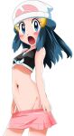  1girl beanie blue_eyes blue_hair blush breasts dawn_(pokemon) hainchu hair_ornament hairclip hat highres long_hair looking_at_viewer navel open_mouth pokemon pokemon_(anime) pokemon_dppt_(anime) simple_background skirt sleeveless solo white_background white_headwear 