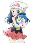  1girl beanie blue_eyes blue_hair blush cocoa_(p_cocoa_f) dawn_(pokemon) hair_ornament hairclip hat highres holding long_hair looking_at_viewer open_mouth piplup pokemon pokemon_(anime) pokemon_(creature) scarf simple_background skirt solo white_background white_headwear 