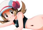  1girl blush breasts brown_eyes brown_hair cabbie_hat closed_mouth hainchu hat hat_ribbon long_hair looking_at_viewer lyra_(pokemon) navel pokemon pokemon_(game) pokemon_hgss ribbon simple_background sleeveless solo twintails white_background white_headwear 