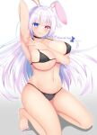  1girl :p animal_ears armpits bangs bare_legs barefoot bikini black_bikini blue_eyes blush braid breasts choker collarbone commentary_request covered_nipples fake_animal_ears feet gradient gradient_background hair_ribbon heterochromia highres huge_breasts kneeling long_hair looking_at_viewer micro_bikini nail_polish nao_(naobinarydigit) navel original rabbit_ears red_eyes ribbon simple_background smile solo stomach swimsuit toenail_polish toenails toes tongue tongue_out underboob wet white_background white_hair 