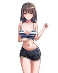  1girl :o bang_dream! bangs bare_shoulders black_hair black_shorts breasts camisole cleavage collarbone commentary cowboy_shot eyebrows_visible_through_hair hair_between_eyes hand_up highres medium_breasts medium_hair navel ptal red_eyes short_shorts shorts sidelocks simple_background solo standing striped striped_camisole tsukishima_marina white_background 