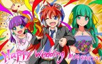  1boy 2girls belt blue_eyes breasts closed_mouth dress earrings feena_(grandia) formal grandia grandia_i green_eyes green_hair hat jewelry justin_(grandia) lio_(lune24) long_hair looking_at_viewer multiple_girls necklace necktie one_eye_closed open_mouth purple_hair puui_(grandia) red_hair smile sue_(grandia) suit wedding 