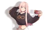  1girl bangs blunt_bangs highres holding holding_phone long_hair long_sleeves megurine_luka midriff phone pink_hair pout purple_eyes selfie solo vocaloid yen-mi 