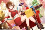  1girl :d brown_eyes brown_hair couch crop_top gari_(apollonica) gift highres indoors lamp meiko meiko_(vocaloid3) miniskirt phonograph piapro plant short_hair sitting skirt sleeveless smile solo tape vocaloid wrist_cuffs 