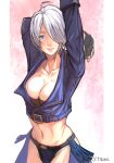  1girl angel_(kof) arm_up blue_eyes bra breasts chaps cropped_jacket fingerless_gloves gloves hair_over_one_eye jacket large_breasts leather leather_jacket lipstick looking_at_viewer makeup snk solo strapless strapless_bra the_king_of_fighters the_king_of_fighters_xiv the_king_of_fighters_xv toned tsuna_(akmu8832) underwear white_hair 