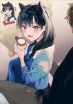  1girl animal_ears bangs black_hair blue_eyes cup dog_ears dog_girl dog_tail eyebrows_visible_through_hair fangs holding holding_cup long_hair looking_at_viewer original side_ponytail sitting solo_focus tail tail_wagging torihara_shuu 