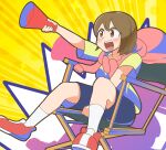  1girl black_shorts brown_eyes brown_hair chair city_(arawi_keiichi) director&#039;s_chair eyebrows_visible_through_hair highres holding holding_megaphone looking_away megaphone niikura_(city) readybug red_footwear shoes short_hair shorts sitting sneakers socks teeth upper_teeth white_legwear 