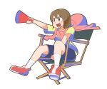  1girl black_shorts brown_eyes brown_hair chair city_(arawi_keiichi) director&#039;s_chair eyebrows_visible_through_hair highres holding holding_megaphone looking_away megaphone niikura_(city) readybug red_footwear shoes short_hair shorts sitting sneakers socks teeth transparent_background upper_teeth white_legwear 