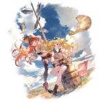  2girls blonde_hair blue_eyes boots brown_eyes closed_mouth cloud floating_hair flying_paper fold-over_boots garter_straps granblue_fantasy hat lecia_(granblue_fantasy) luggage minaba_hideo monika_weisswind multiple_girls official_art one_eye_closed open_mouth paper red_hair shirt shorts signpost sitting sky standing straw_hat thighhighs transparent_background wind 