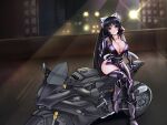  1girl absurdres animal_ears black_bodysuit black_hair bodysuit boots bow breasts cat_ears cat_girl cat_tail city city_lights cleavage closed_mouth collarbone commentary english_commentary ground_vehicle hair_bow highres large_breasts long_hair motor_vehicle motorcycle night noihara_himari nondraw omamori_himari pink_bow ponytail purple_eyes sitting smile solo tail thighs unzipped very_long_hair 