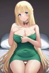  1girl animated animated_gif bangs bare_shoulders blue_eyes blush bouncing_breasts breasts breasts_out clothes_pull collarbone dress dress_pull green_dress large_breasts long_hair looking_at_viewer neptune_(series) nipples sayika solo vert_(neptune_series) 