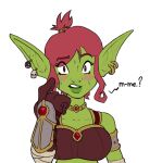  armor blush breasts clothed clothing dialogue ear_piercing female fully_clothed gauntlets gloves goblin green_body hair handwear humanoid jewlery looking_at_viewer piercing red_hair simple_background solo unknown_artist white_background 