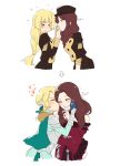  2girls absurdres bangs blonde_hair brown_hair closed_eyes detached_sleeves dorothea_arnault embarrassed english_text fire_emblem fire_emblem:_three_houses garreg_mach_monastery_uniform gloves gummy_(puffaluficus) hat highres ingrid_brandl_galatea jewelry kiss kissing_cheek long_hair multiple_girls ring short_hair smile white_background yuri 