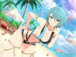  1girl ahoge bangs bare_shoulders beach bikini blush breasts chain cleavage crossover day dead_or_alive dead_or_alive_xtreme green_eyes green_hair hand_on_hip jewelry leaning_forward looking_at_viewer medium_breasts mole mole_under_eye multicolored_hair navel ocean official_art petals sand senran_kagura senran_kagura_new_link short_hair smile solo standing streaked_hair swimsuit tamaki_(doa) thighs tree two-tone_bikini two-tone_hair yaegashi_nan 