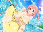  1girl banana_boat bangs bare_shoulders beach bikini breasts cleavage crossover dead_or_alive floral_print hair_ornament honoka_(doa) large_breasts light_rays long_hair looking_at_viewer navel ocean official_art one_side_up open_mouth outdoors petals pink_eyes pink_hair print_bikini senran_kagura senran_kagura_new_link short_hair sidelocks skull_hair_ornament solo straddling sunlight swimsuit tree water waves wet white_bikini yaegashi_nan 