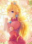  1girl agisato blonde_hair brooch crown dress earrings elbow_gloves gloves highres jewelry long_hair looking_at_viewer mario_(series) nose one_eye_closed own_hands_together pink_dress princess princess_peach solo tiara 