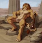  angry anthro balls club_(weapon) crown felid foreskin genitals hair hi_res lion male mammal mane mane_hair melee_weapon muscular nude outside pantherine penis solo sunhuiz weapon 