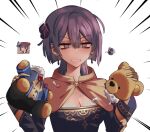  1girl annoyed bernadetta_von_varley bow breasts broken_heart cleavage clenched_teeth commentary disgust dress earrings eine_(eine_dx) emphasis_lines english_commentary eyebrows_visible_through_hair eyeshadow fire_emblem fire_emblem:_three_houses frown hair_bow highres holding holding_stuffed_toy jewelry long_sleeves looking_at_viewer makeup medium_breasts purple_dress purple_eyes purple_hair short_hair simple_background solo squiggle stuffed_animal stuffed_toy teddy_bear teeth upper_body v-shaped_eyebrows white_background 