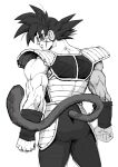  1boy absurdres armor ass bardock clenched_hands dragon_ball dragon_ball_super english_commentary from_behind greyscale guillem_dauden highres looking_to_the_side male_focus monkey_tail monochrome muscular saiyan_armor scar scar_on_cheek scar_on_face scouter serious simple_background sketch skin_tight spiked_hair tail white_background 