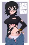  1girl arm_at_side black-framed_eyewear black_eyes black_hair black_sweater bracelet breasts character_name denim groin hand_on_hip highres hunter_x_hunter jeans jewelry large_breasts looking_away navel open_fly over-rim_eyewear panties pants pic-kle semi-rimless_eyewear shizuku_(hunter_x_hunter) short_hair solo spider_tattoo sweater tattoo thigh_gap torn_sweater turtleneck underwear white_panties wide_hips 