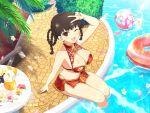  1girl bangs bare_arms bare_shoulders barefoot bikini bikini_skirt braid breasts brown_eyes brown_hair chinese_clothes cleavage cleavage_cutout clothing_cutout crossover day dead_or_alive dragon_print drink eyebrows_visible_through_hair eyeshadow flower hair_rings large_breasts lei_fang looking_at_viewer makeup navel official_art outdoors pool senran_kagura senran_kagura_new_link sitting skirt smile solo stomach swimsuit table tied_hair v wading yaegashi_nan 