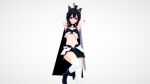  1girl 1other 3d alternate_eye_color animal_ears ankle_boots armpits arms_up bare_shoulders black_cloak black_footwear black_gloves black_hair black_shorts black_tail boots breasts bright_pupils cat_girl cat_tail cloak earrings feet_out_of_frame fingerless_gloves fran_(tensei_shitara_ken_deshita) gloves gold_earrings hair_between_eyes holding holding_sword holding_weapon jewelry korean_commentary looking_at_viewer medium_breasts medium_hair midriff navel o0o_(pixiv_58838089) purple_eyes riding_boots shishou_(tensei_shitara_ken_deshita) shorts simple_background stomach sword tail tensei_shitara_ken_deshita thighhighs thighs weapon white_background white_legwear white_pupils 