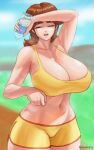  absurdres arm_up bloomers bottle bra breasts brown_hair cleavage closed_eyes curvy day drying forehead grass hand_up highres holding holding_bottle hot huge_breasts large_breasts long_hair mario_(series) muscular muscular_female navel open_mouth outdoors princess_daisy sky sports_bra superbusty sweat sweatdrop thick_thighs thighs underwear water water_bottle yellow_bloomers yellow_sports_bra 