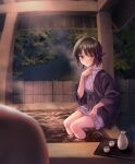  1boy 1girl alcohol bangs bare_legs bath blurry blush brown_eyes brown_hair choko_(cup) clothes_lift cup depth_of_field fence fisheye hand_up haori highres japanese_clothes kimono kimono_lift legs_together lifted_by_self looking_at_viewer night obi ofuro onsen original outdoors pink_kimono sake sash short_hair sidelocks sitting smile soaking_feet solo_focus steam tokkuri user_uynr5373 water wet wide_sleeves wooden_fence yukata 