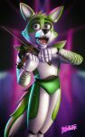  absurd_res anthro black_nose blakefox bowed_string_instrument canid canine digital_media_(artwork) fidget_the_fox five_nights_at_freddy&#039;s fox fur glamrock green_body green_eyes green_fur hair hi_res machine male mammal musical_instrument robot scottgames signature simple_background smile solo string_instrument tongue video_games violin white_body white_fur 