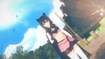  1girl 3d animal_ears bare_shoulders black_cloak black_gloves black_shorts blue_sky branch breasts cat_ears cat_girl cloak cloud cloudy_sky day earrings fingerless_gloves fran_(tensei_shitara_ken_deshita) gloves gold_earrings grey_eyes hair_between_eyes hand_up highres jewelry kirbro lamppost leaf looking_at_viewer midriff navel open_mouth outdoors shorts sky small_breasts smile solo standing stomach sun sunlight tensei_shitara_ken_deshita thighhighs thighs tree white_legwear 