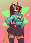  &lt;3 anthro black_hair bottomwear bubble_gum canid canine clothing eyewear female fox fur hair hand_on_hip hi_res jewelry legwear long_hair mammal marlon.cores necklace orange_body orange_fur ponytail skirt solo sunglasses thigh_highs topwear 