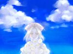  1girl blue_sky cloud flower gensou_suikoden gensou_suikoden_tierkreis grey_eyes hat highres hina_(suikoden) holding long_hair looking_at_viewer open_mouth outdoors sakai_(motomei) sky solo white_hair 