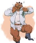  2022 anthro belly big_belly bulge clothing eyes_closed kemono male mammal necktie overweight overweight_male shirt solo suid suina sus_(pig) tetsuo_oshiba topwear undressing wild_boar 