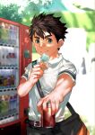  1boy bag bandaid bandaid_on_face bandaid_on_nose belt black_hair black_pants blue_eyes blurry blurry_background can day fang food gift incoming_gift laserbiubiu looking_at_viewer male_focus muscular_shota original outdoors pants popsicle shirt short_hair short_sleeves smile soda_can solo strap_pull sunlight symbol-only_commentary thick_eyebrows vending_machine white_shirt 