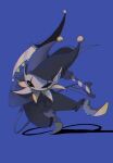  2021 biped black_bottomwear black_clothing black_hat black_headwear black_pants black_sclera blue_background bottomwear clothing darkner deltarune fool&#039;s_hat footwear grey_body grey_skin hat headgear headwear holding_object holding_scythe holding_weapon humanoid humanoid_pointy_ears jevil_(deltarune) male me_swsh melee_weapon pants polearm scythe shadow shoes simple_background solo undertale_(series) video_games weapon yellow_clothing yellow_footwear yellow_shoes 