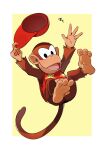  1boy 1girl artist_request baseball_cap diddy_kong donkey_kong_(series) furry furry_male hand_on_headwear hat highres male_focus navel no_humans print_shirt red_headwear red_shirt shirt smile solo star_(symbol) star_print waving 