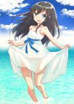  1girl alternate_costume asashio_(kancolle) bad_anatomy bad_leg barefoot black_hair blue_eyes blush clothes_lift cloud cloudy_sky collarbone day dress dress_lift eyebrows_visible_through_hair fuji_(pixiv24804665) hair_between_eyes highres kantai_collection lifted_by_self long_hair open_mouth sky smile solo sparkle teeth upper_teeth water white_dress 