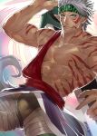  1boy abs artist_name bandages bara bare_pectorals belt biceps cyuss_warren dark-skinned_male dark_skin grey_eyes grey_hair highres looking_at_viewer male_focus male_swimwear muscular muscular_male nipples pectorals pointy_ears skirt sky_(sora_no_gomibako) slit_pupils smile solo star_ocean star_ocean_first_departure striped swim_briefs sword thick_arms thick_thighs thighs toga weapon weapon_on_back 